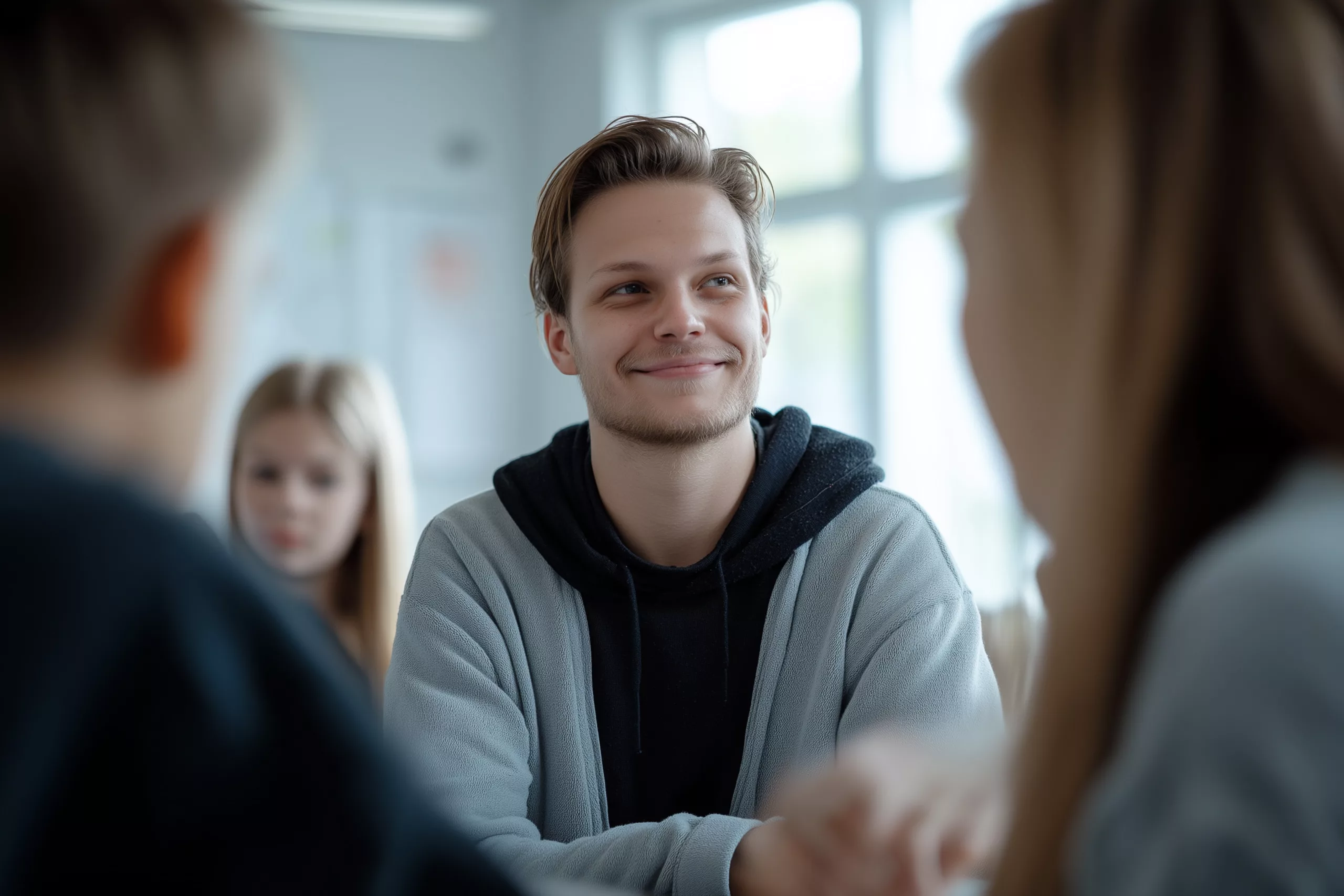 Opettaja on oppilaiden seassa ja hymyilee tyytyväisesti