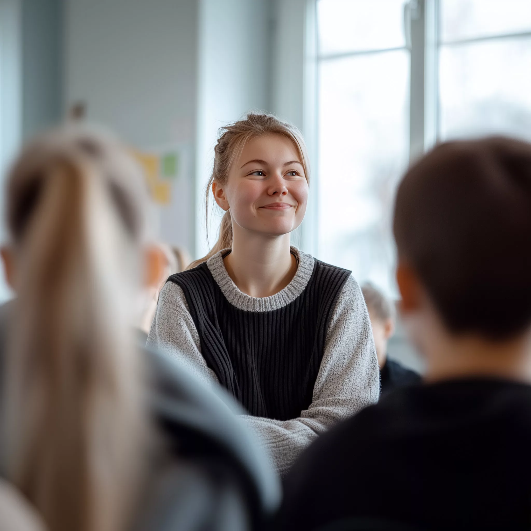 Nuori naisopettaja on tyytyväisenä oppilaiden keskellä